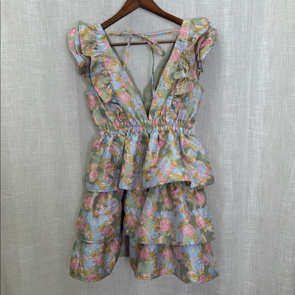 Buddy Love Jacquard Floral Ruffle Tiered  Dress in Sage Green and Pastel Pink - Picture 2 of 15